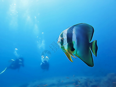热带蝙蝠藻类卡通片蓝海中的蝙蝠鱼和潜水员气泡背景