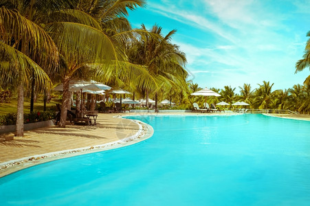昂贵的游泳池在越南旅行目的地MuiNe的惊人热带奢华豪酒店游泳池水丛林海洋背景