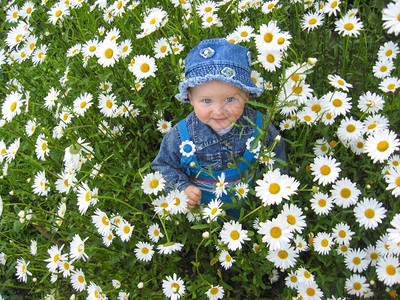 微笑在卡莫米尔斯花盆中美丽的小孩子模样环境蓝色图片