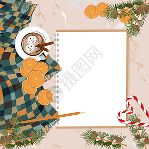 水果圣诞用肉桂棉花雪人围巾和干橙切片笔记本铅甘蔗和带锥子的松树枝秋或冬季的热饮平铺杯巧克力糖果布局橡子设计图片