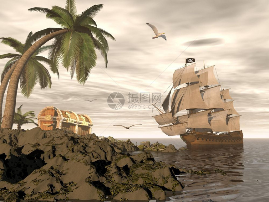 经过帆船赛数字的悬挂黑色JollyRoger船旗的海盗只在洋上漂浮面和岛屿上显示宝箱通过阴云的日落展示着宝盒图片