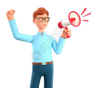 一种信息3D插图漫画欢快的男子举起手用白色背景孤立的商业广告概念在大喇叭上宣示Cute笑着商人的演讲者可爱笑容他的设计图片