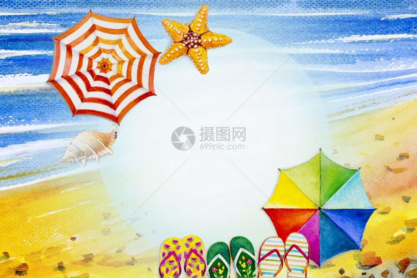 海滨波和首饰多彩伞翻滚拖鞋贝壳上午自然季节的暑假绘画图示复制空间等不同颜色的海边波浪和附件手美丽海浪图片