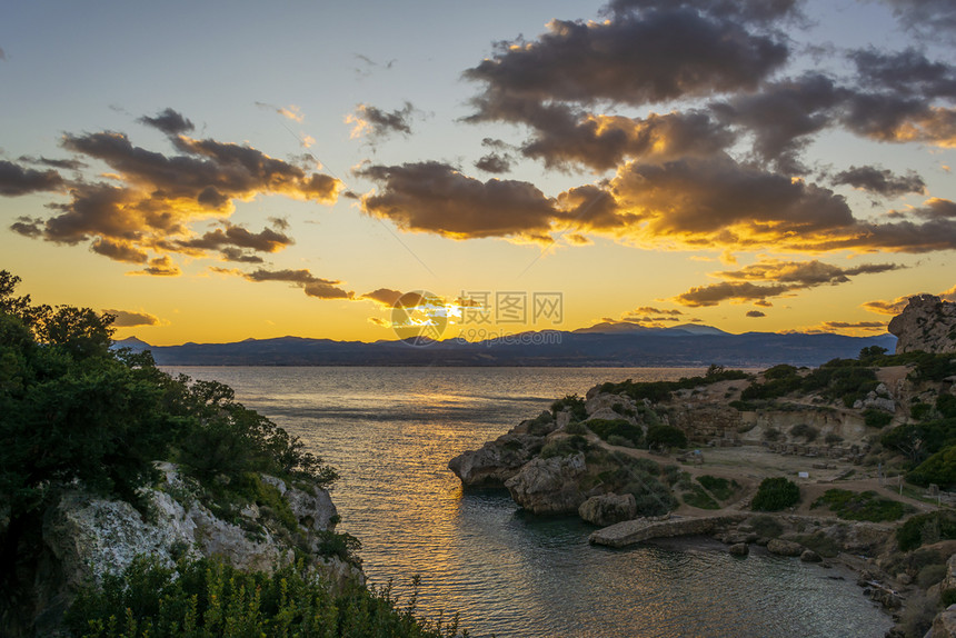 在古老的地方Hraion天堂海滩的日落希腊古老的地方天堂海滩在日落希腊考古学天空观光图片