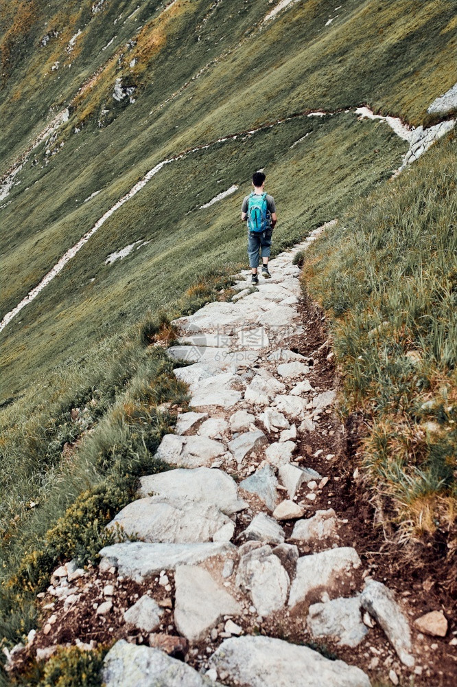 步行穆戈带着背包在山上徒步旅行的年轻人积极度过暑假渡观看少年从山顶下到脚沿坡谷走下来的青少年漫游者图片