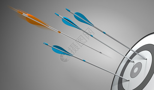 八优概念的三支蓝箭击中一个目标加上只橙箭击中心三维概念展示竞争优异或战略业务的3DD说明具有竞争力的卓越或战略业务辅导商设计图片
