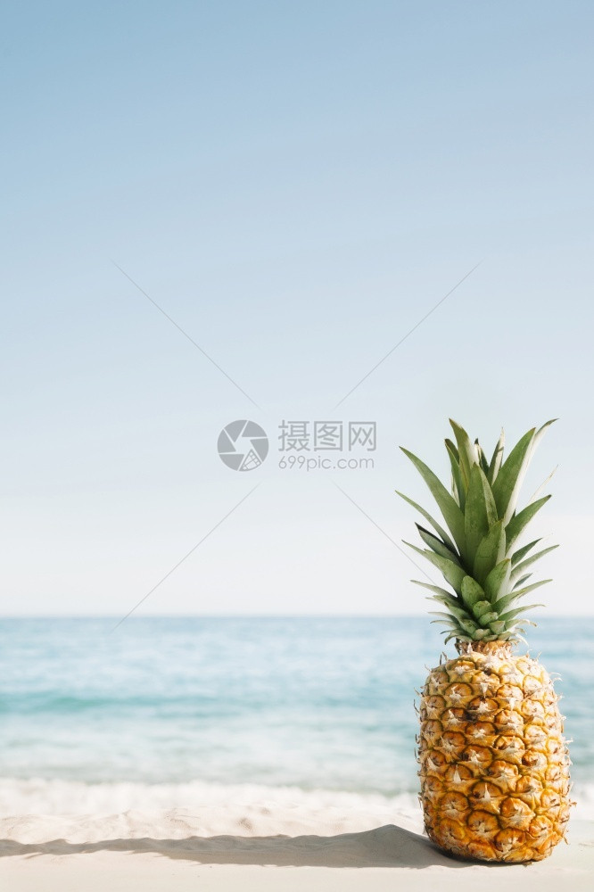 海边沙滩上的菠萝图片