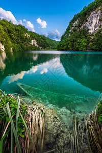 木制的克罗地亚普利维茨湖公园的沉船吸引力池塘图片