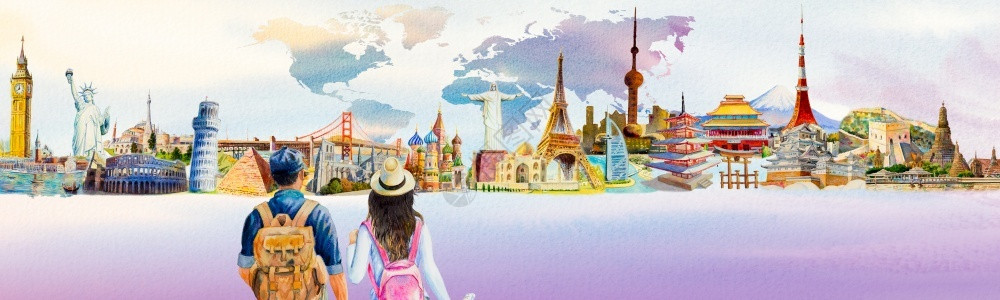 环球观光厅丰富多彩的2名年轻旅游者与带背包观光旅行的青年游客环球旅行里程碑水彩画手绘世界色彩多天空背景爱情旅行概念埃菲尔插画