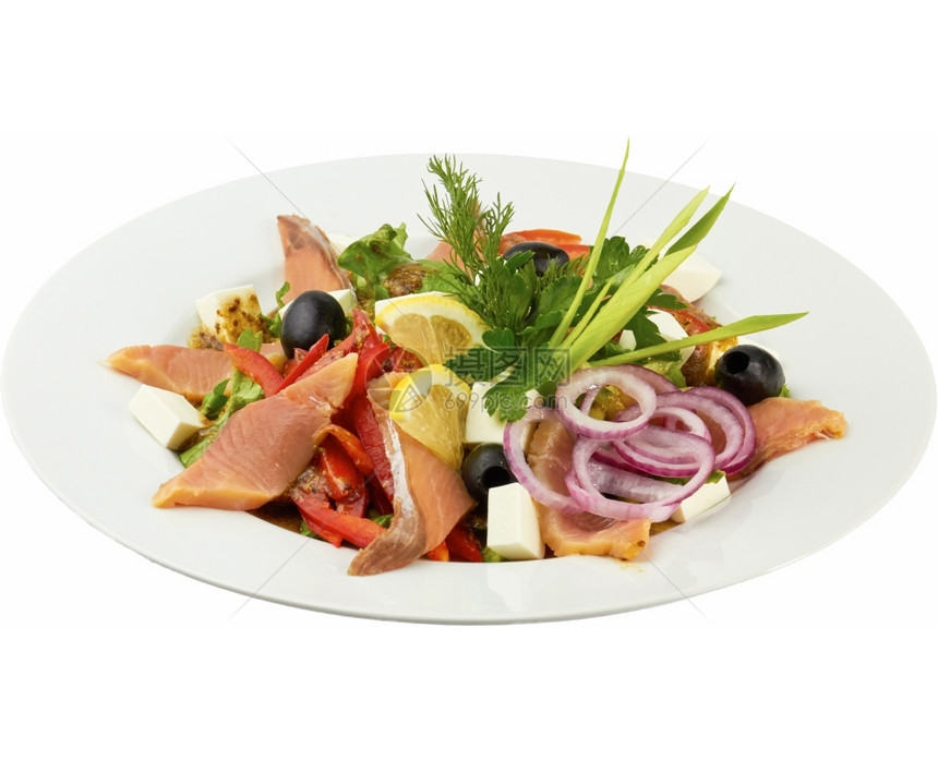 烘烤的单独背景鲑鱼干酪和橄榄沙律颜色喝图片