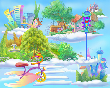 奥克尼群岛岛公园数字的绘画在天空奇妙漫画风格艺术故事背景卡片设计中与漂浮群岛一起的童话世界插图场景插画