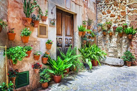 以鲜花为装饰的迷人老旧街道地中海文化和传统村落正面结石夏天图片