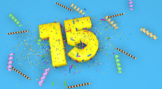 哥哥15周年艺术的黄色品红生日周年纪念或促销的第15号在蓝色背景上用厚的黄色字母装饰上面着糖果彩带巧克力吸管和五彩纸屑3D插图第号生日周年纪设计图片