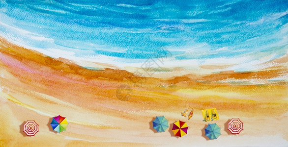 太平洋海岸线旅行浪漫的夏季家庭度假和旅游的色彩多伞海浪蓝色背景涂漆印刷品抽象图像解等顶端观景由爱人家庭度假和旅游者组成多彩雨伞油漆印刷品插画