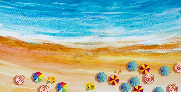 太平洋海岸线阳光亚洲夏季家庭度假和旅游的色彩多伞海浪蓝色背景涂漆印刷品抽象图像解等顶端观景由爱人家庭度假和旅游者组成多彩雨伞油漆印刷品抽插画