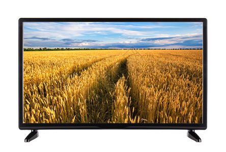 技术太阳现代高清晰度电视在白色高清晰度电视上孤立的屏幕播放长着成熟小麦耳朵的道路现代高清晰度电视小麦耳朵中的道路在屏幕上电子产品背景图片