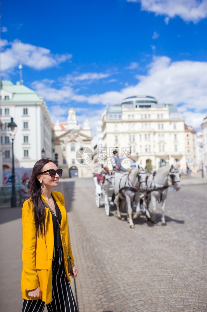 旅游女客享受她在维也纳的欧洲度假并看一旅行女游客中美丽的马匹旅游女客也享受她在维纳的欧洲度假缰绳霍夫堡文化图片