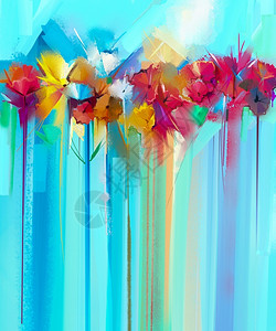 蓝目菊绿色和蓝背景的柔鲜花绘画中的黄色和红花朵彩自然背景季节背景本底墙纸颜色格柏设计图片