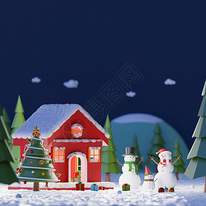 假期展示圣诞快乐和新年雪人露天风景午夜在红房子外面玩雪在松树林里玩复制空间3D克劳斯设计图片