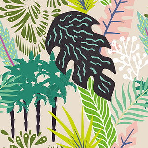 夏威夷树花的向量时尚热带树叶和棕榈的外来摘要构成海滩丛林漫画无缝模式的壁纸蜂蜜背景设计图片