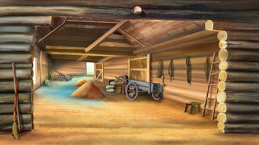 卡通木制谷仓传统的干燥食物数字绘画以现实化的卡通风格为插图在Wooden马车村一有粮食加谷物的仓插画
