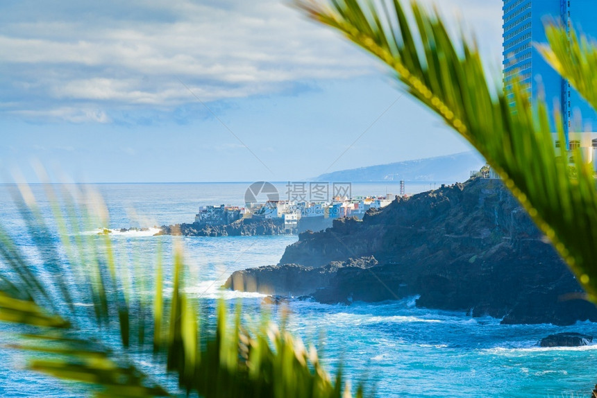 海景西班牙加那利群岛特内里费拉克鲁斯港的棕榈叶欣赏海岸和蓬塔布拉瓦岩石上色彩缤纷的建筑通过棕榈叶欣赏布拉瓦角的海岸和岩石上色彩缤图片
