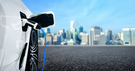 带线旅行充电器在绿色能源和生态旅行的概念中电动发由可持续资源生产向充电器站供应力以便减少动汽车在绿色能源和生态旅行概念中的二氧化碳排放EV收费设计图片