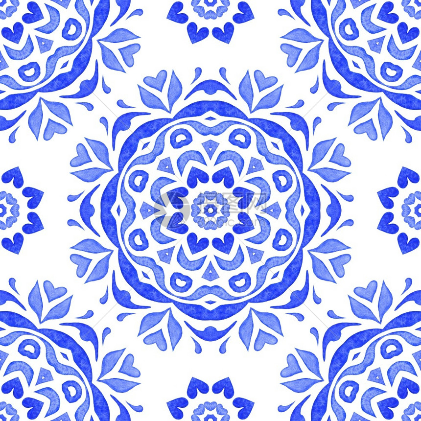 蓝色无缝装饰水彩色瓷砖式图案手绘制形用于壁纸背景和填页的优美豪华奢侈品纹理形象的曼陀罗艺术图片