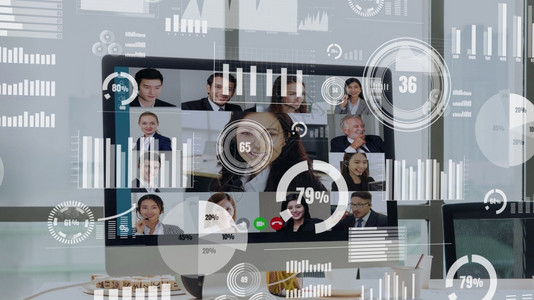 金融科技企业员工视频电话会议中商务人士的创意视觉营销数据分析和投资决策制定的数字技术概念企业员工视频电话会议中商务人士的创意视觉图片