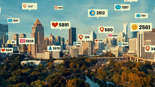 有创造力的社交媒体图标飞越市中心通过社交网络应用平台显示人们参与联系在线社区和交媒体营销策略的概念社交媒体图标飞越市中心显示人们设计图片