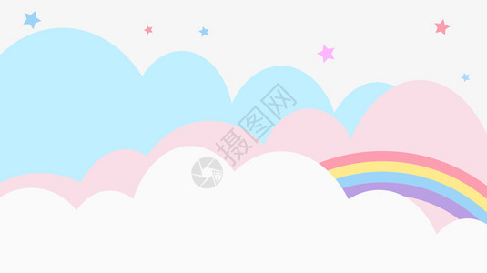 卡哇伊彩虹闪耀天空儿童幼园和概念或演示文稿的Soft梯度糊式卡通漫画图案背景彩虹色云闪亮的插画
