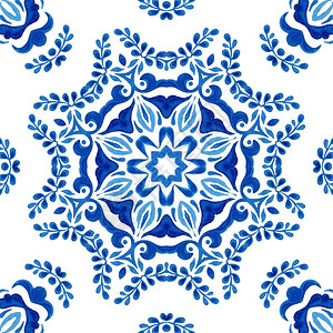贝莱根水彩蓝色大坝无缝模式曼达拉瓷砖装饰品皇家蓝抽象纤维本底特美化花料设计精密手工抽水颜色无缝装饰图案织物和壁纸用埃莱根特曼达拉花绫奢设计图片