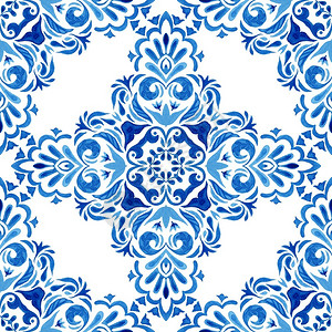 罗曼式维多利亚时代种族的蓝和白手抽象绘制的蓝色和白瓷砖无缝的装饰陶瓷砖无缝装饰反水彩色涂漆图案葡萄牙陶瓷砖模式葡萄牙陶瓷砖激励花罗萝拉设计图片