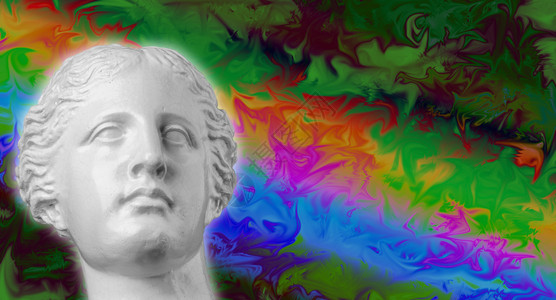 一种网络朋克Gypsum头型古董雕塑其背景是明亮多彩色的回流蒸汽波当代艺术拼图反向波风格海报概念Gypsum头型古董雕塑设计图片