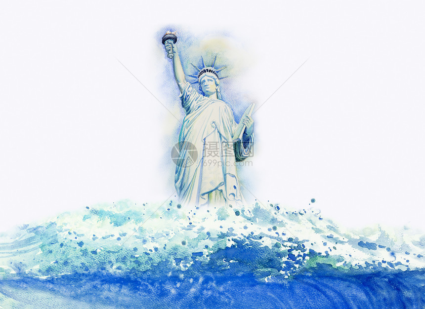 艺术的建筑学风暴自由女神像纽约美国水彩画海浪的绘美丽夏天和背景情感在天空中喷洒画插图复制空间背景模仿图片
