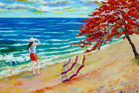 油画伞在沙滩上旅游的妇女在夏季海蓝和天空的美丽海滩波浪中画彩色油绘制色油画粉刷印品图像插日出太平洋质地背景