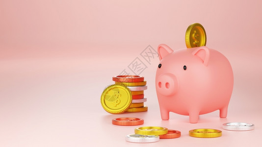 货币储蓄概念把硬币放进猪银行Banner背景与复制空间3D投稿渲染安全的经济背景图片