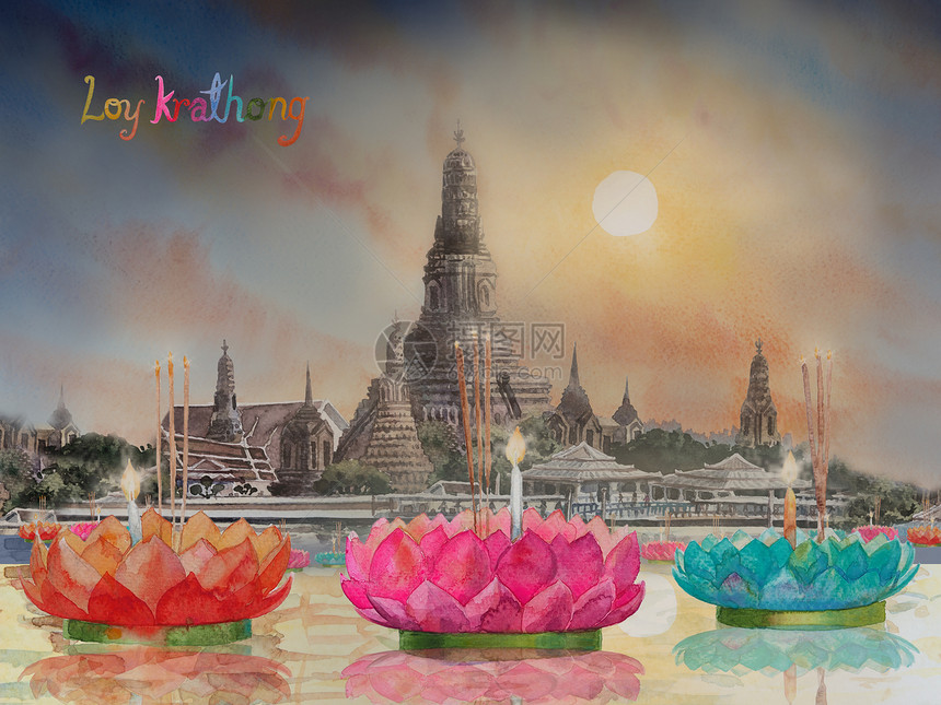 艺术华特阿龙寺庆典节WatArunTemplefriendinBangkokThailand水彩色绘画景观建筑和河的色彩多Han图片