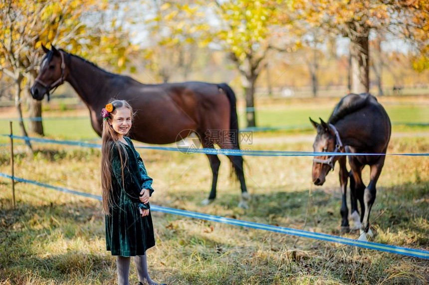 辔友谊快乐女孩骑马站在棚的栅栏附近一个孩子坐在马背上野和花头女孩在腰上手推站在棚的围栏旁边外部图片