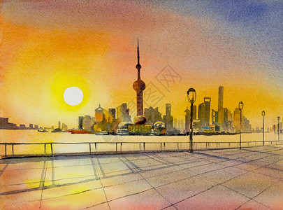 插图建筑学在苏州河和金融区日落时的天际线上由苏州河水彩色绘画商业城市色彩多的景以世界闻名的旅游业象征插画