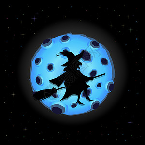 质量月标语闪烁帽子向导在夜空中飞的扫帚上老鬼巫婆的黑色轮廓满蓝月和闪星万圣节矢量漫画插图贺卡邀请函传单标语在扫帚上的黑环影带在夜天空背景飞设计图片