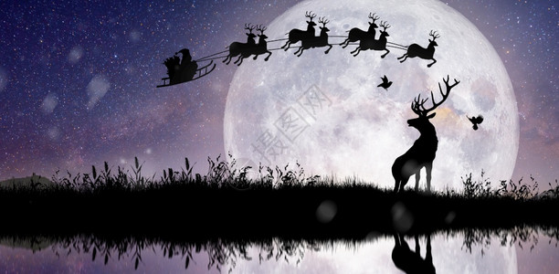月光鹿骑术天空幻想山悬崖上驯鹿的休光月看见圣诞夜老人在满月时他们的驯鹿上飞翔设计图片