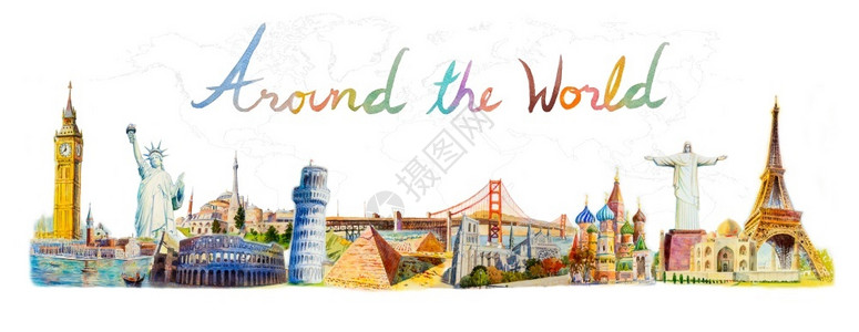 英石彼得斯著名的以世界背景绘制的画图解将水彩色手画挂在了世界背景上桥插画