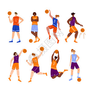 穿休闲服的甜美女性与篮球竞赛特点一组孤立的非洲裔美国人和白男女在玩跳用球肌肉健壮篮球运动员在张贴海报时隔离平方字符矢量女军篮球运动员概念一与足球有关的单插画