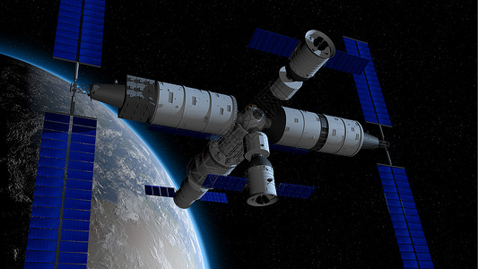 天宫空间站神舟载人飞船在与天宫三号中的河核心舱耦合的方向空间站与地球后面在黑色空间与星背景3D插图神舟载人飞船在耦合到天宫三号的方向空间与设计图片