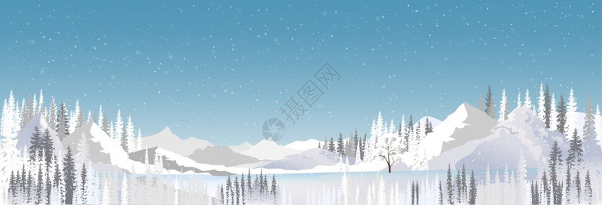下雪的堆魔法冰冻的树覆盖着湖边冬季奇景地貌雪流是美丽的自然长冬林降雪在蓝天空背景上图示地平线横幅分支背景图片