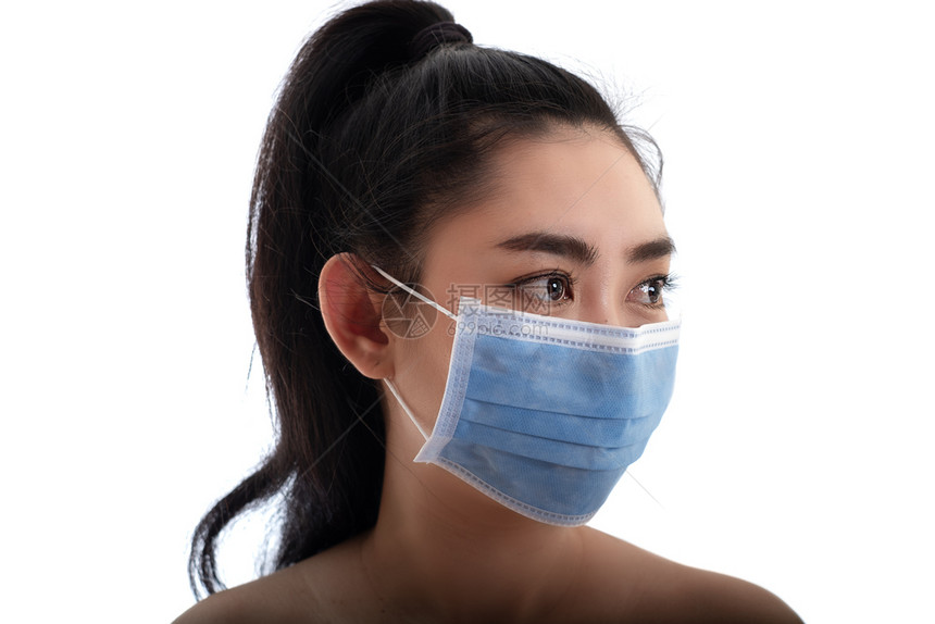 蓝色的女美丽亚洲年轻女青戴上医疗面具防止呼吸道疾病如流感相吸19PM25粉尘和烟雾妇女安全感染概念等流行病图片