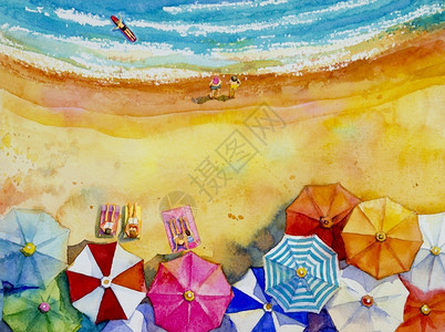 太平洋海滩假期快乐的季节夏情人家庭度假和旅游多彩伞海浪蓝色背景画图的挂着广告海报插图画的Hand由爱人家庭度假和旅游的色彩多插画