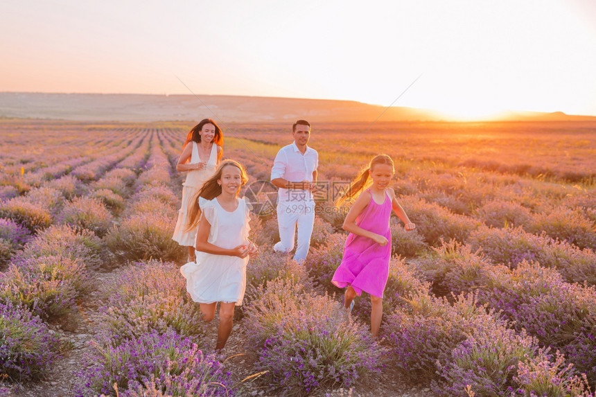 美丽的年轻家庭在紫花色衣草地上玩得开心在日落时穿白裙子戴帽的紫花田中人们放松男图片