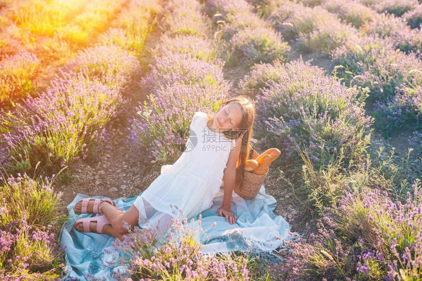 小可爱的女孩在紫衣花田野餐美丽的女孩在白衣服日落时的紫花田穿白开年轻的景观图片